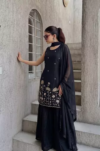Women's Beautiful Embroidery Work French Crepe Fabric Straight Kurta Sharara and Dupatta Set