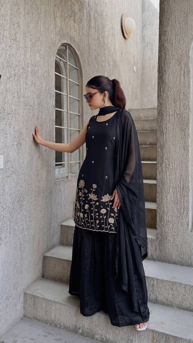 Women's Beautiful Embroidery Work French Crepe Fabric Straight Kurta Sharara and Dupatta Set