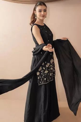 Women's Beautiful Embroidery Work French Crepe Fabric Straight Kurta Sharara and Dupatta Set