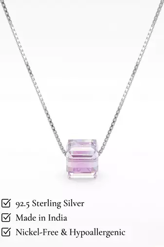 925 Sterling Silver Emerald Cut Purple Crystal Solitaire Pendant Necklace Set  for Women