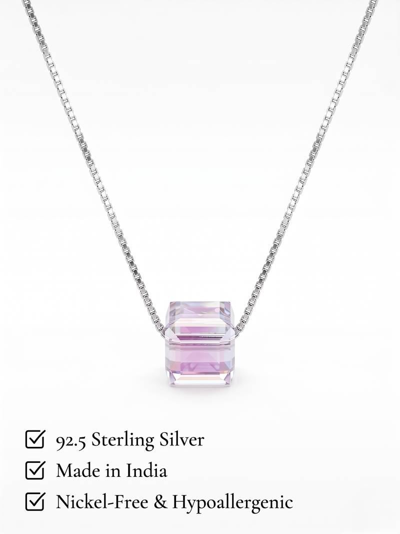 925 Sterling Silver Emerald Cut Purple Crystal Solitaire Pendant Necklace Set  for Women
