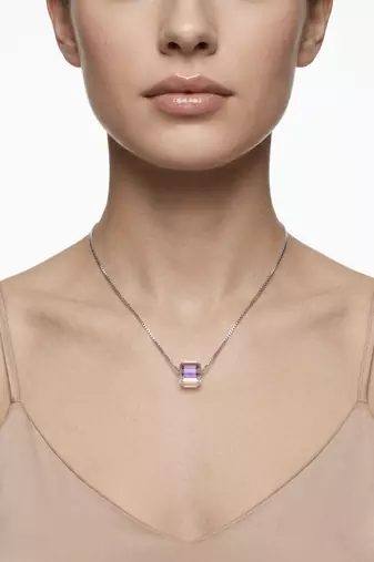 925 Sterling Silver Emerald Cut Purple Crystal Solitaire Pendant Necklace Set  for Women