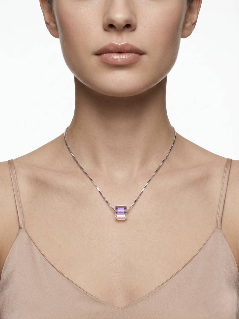 925 Sterling Silver Emerald Cut Purple Crystal Solitaire Pendant Necklace Set  for Women