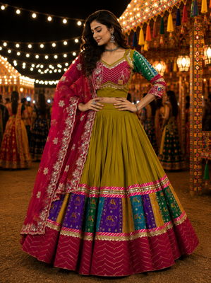 Green Navratri Cotton Lehenga Choli with Georgette Dupatta 1