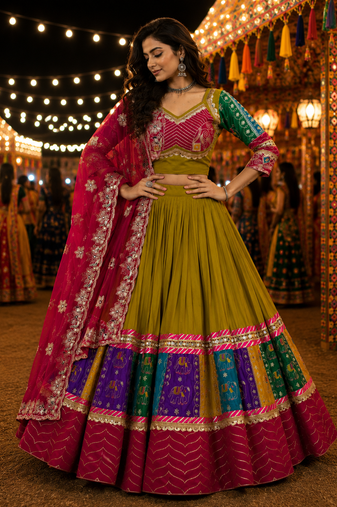 Green Navratri Cotton Lehenga Choli with Georgette Dupatta