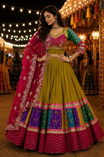 Green Navratri Cotton Lehenga Choli with Georgette Dupatta