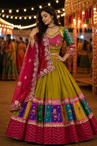 Green Navratri Cotton Lehenga Choli with Georgette Dupatta
