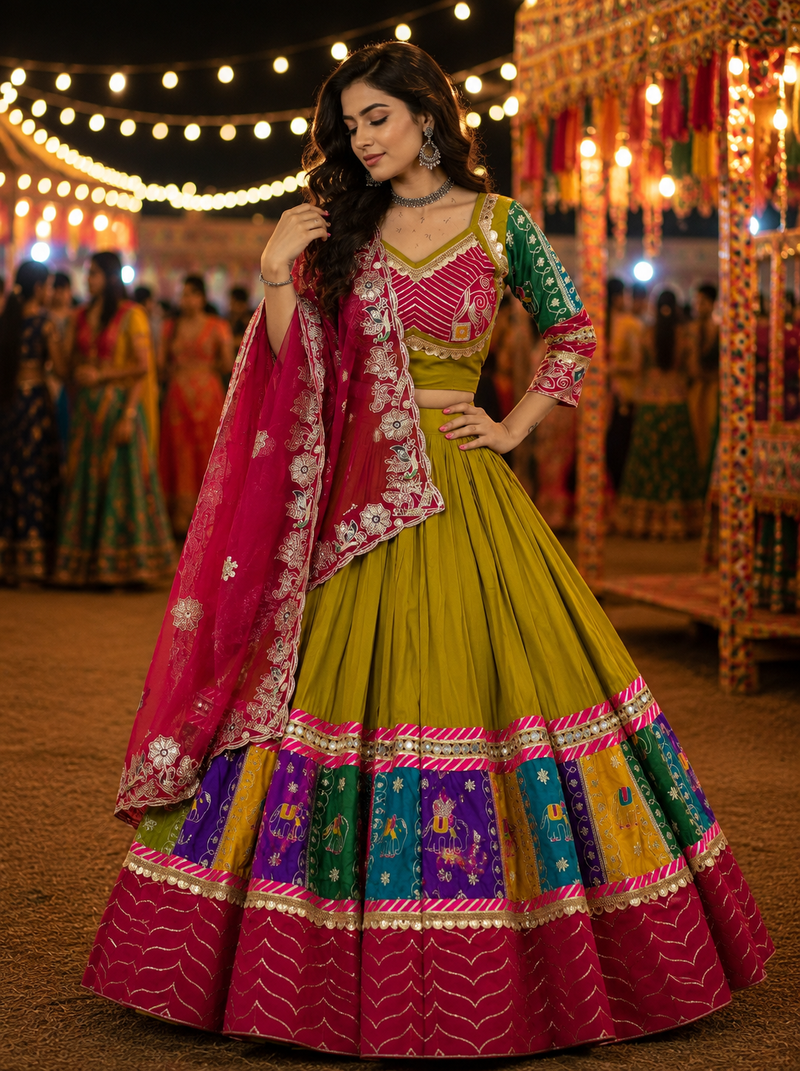 Green Navratri Cotton Lehenga Choli with Georgette Dupatta