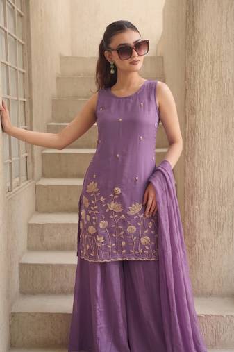 Embroidered French Crepe Straight Kurta Sharara and Dupatta Set