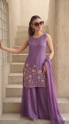 Embroidered French Crepe Straight Kurta Sharara and Dupatta Set 1