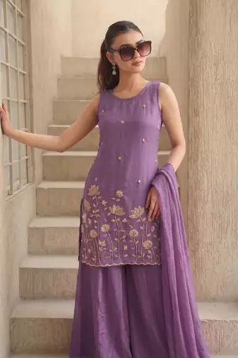 Embroidered French Crepe Straight Kurta Sharara and Dupatta Set