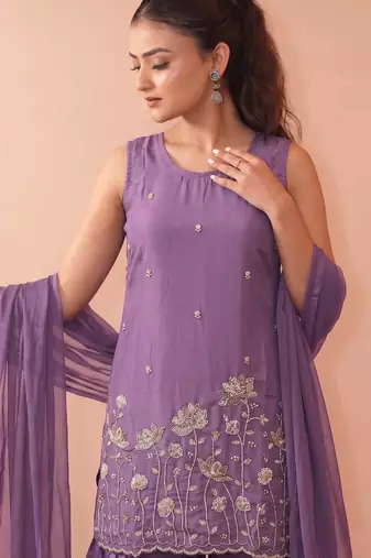 Embroidered French Crepe Straight Kurta Sharara and Dupatta Set