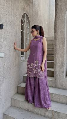 Embroidered French Crepe Straight Kurta Sharara and Dupatta Set 3