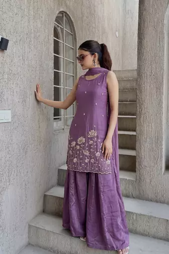 Embroidered French Crepe Straight Kurta Sharara and Dupatta Set
