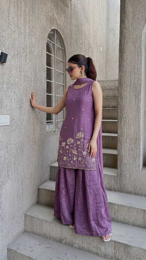 Embroidered French Crepe Straight Kurta Sharara and Dupatta Set