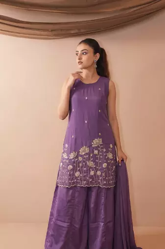 Embroidered French Crepe Straight Kurta Sharara and Dupatta Set