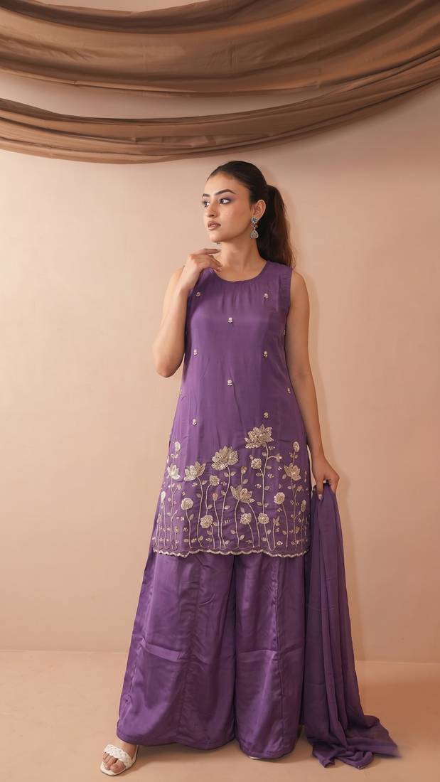 Embroidered French Crepe Straight Kurta Sharara and Dupatta Set