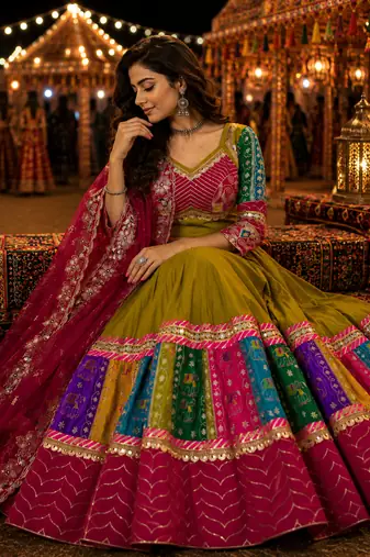 Green Navratri Cotton Lehenga Choli with Georgette Dupatta