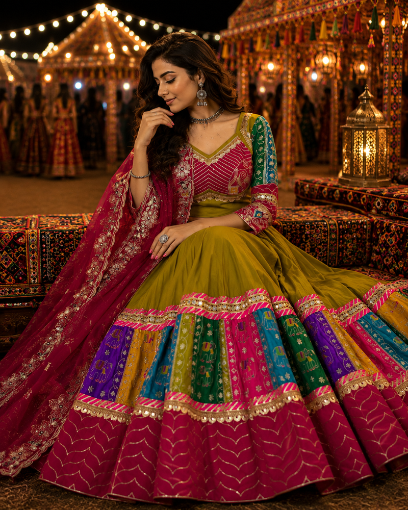 Green Navratri Cotton Lehenga Choli with Georgette Dupatta