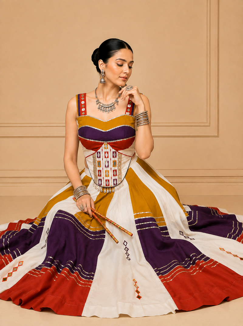 Multicolor Mirror Work Rayon Navratri Lehenga Choli