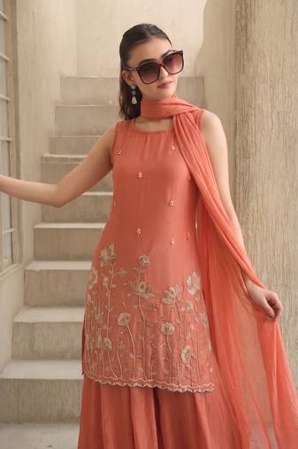 Embroidered French Crepe Straight Kurta Sharara and Dupatta Set