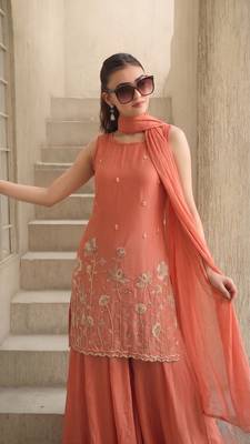 Embroidered French Crepe Straight Kurta Sharara and Dupatta Set 1