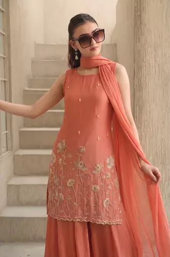 Embroidered French Crepe Straight Kurta Sharara and Dupatta Set