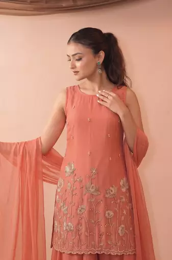 Embroidered French Crepe Straight Kurta Sharara and Dupatta Set