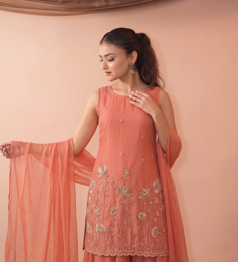 Embroidered French Crepe Straight Kurta Sharara and Dupatta Set