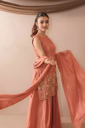 Embroidered French Crepe Straight Kurta Sharara and Dupatta Set