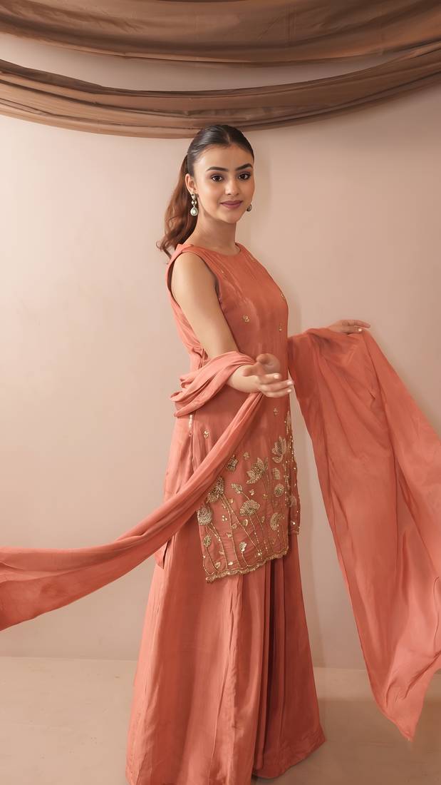 Embroidered French Crepe Straight Kurta Sharara and Dupatta Set