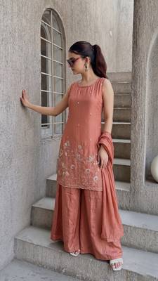 Embroidered French Crepe Straight Kurta Sharara and Dupatta Set 5