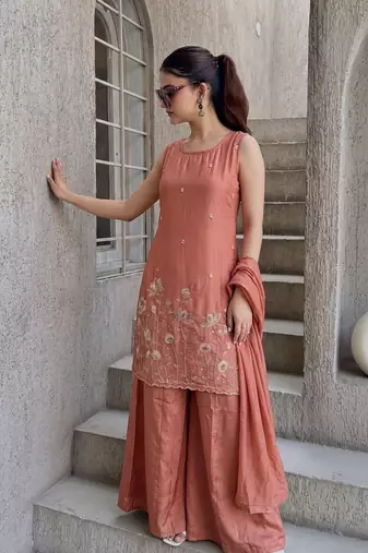 Embroidered French Crepe Straight Kurta Sharara and Dupatta Set
