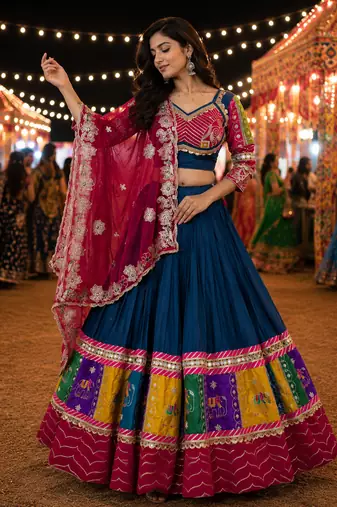 Blue Navratri Cotton Lehenga Choli with Georgette Dupatta