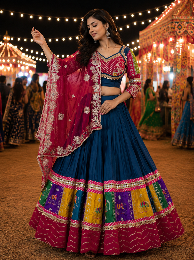 Blue Navratri Cotton Lehenga Choli with Georgette Dupatta