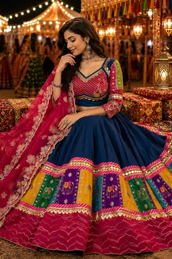 Blue Navratri Cotton Lehenga Choli with Georgette Dupatta