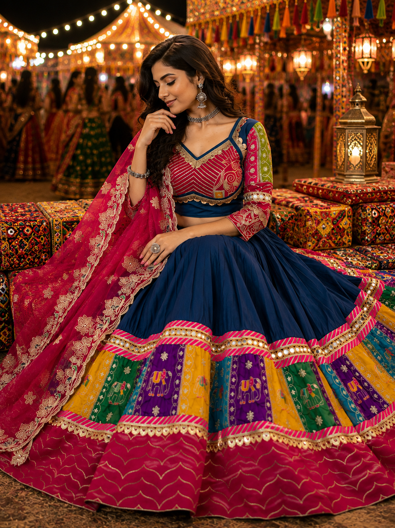 Blue Navratri Cotton Lehenga Choli with Georgette Dupatta