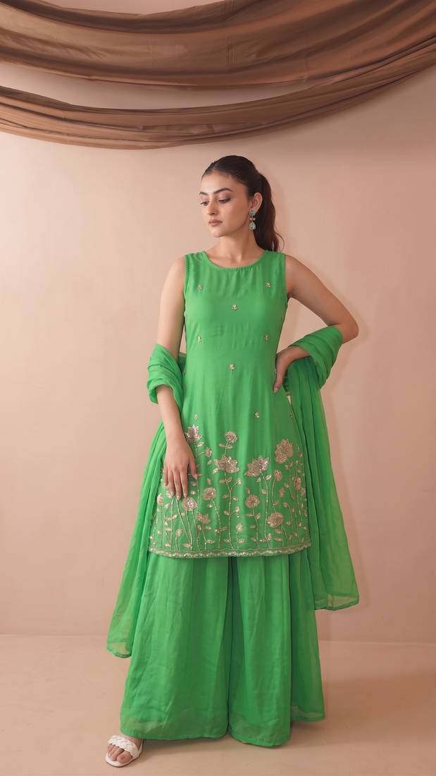 Embroidered French Crepe Straight Kurta Sharara and Dupatta Set