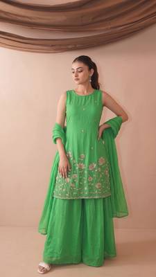 Embroidered French Crepe Straight Kurta Sharara and Dupatta Set 1