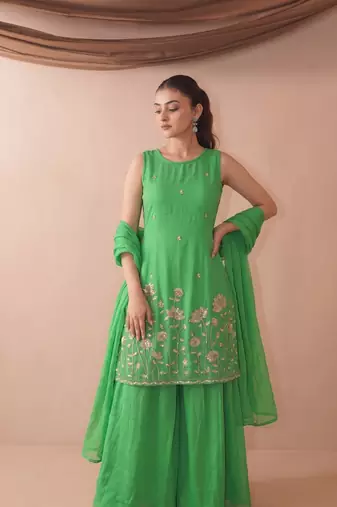 Embroidered French Crepe Straight Kurta Sharara and Dupatta Set