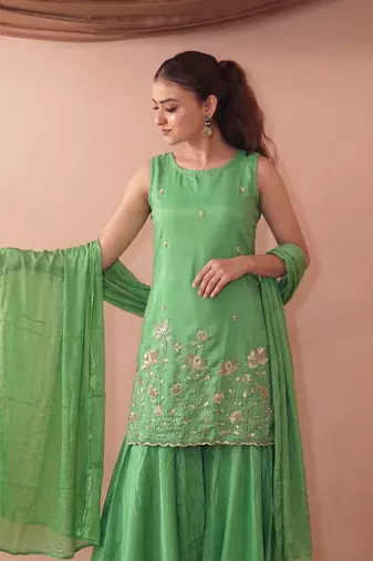 Embroidered French Crepe Straight Kurta Sharara and Dupatta Set