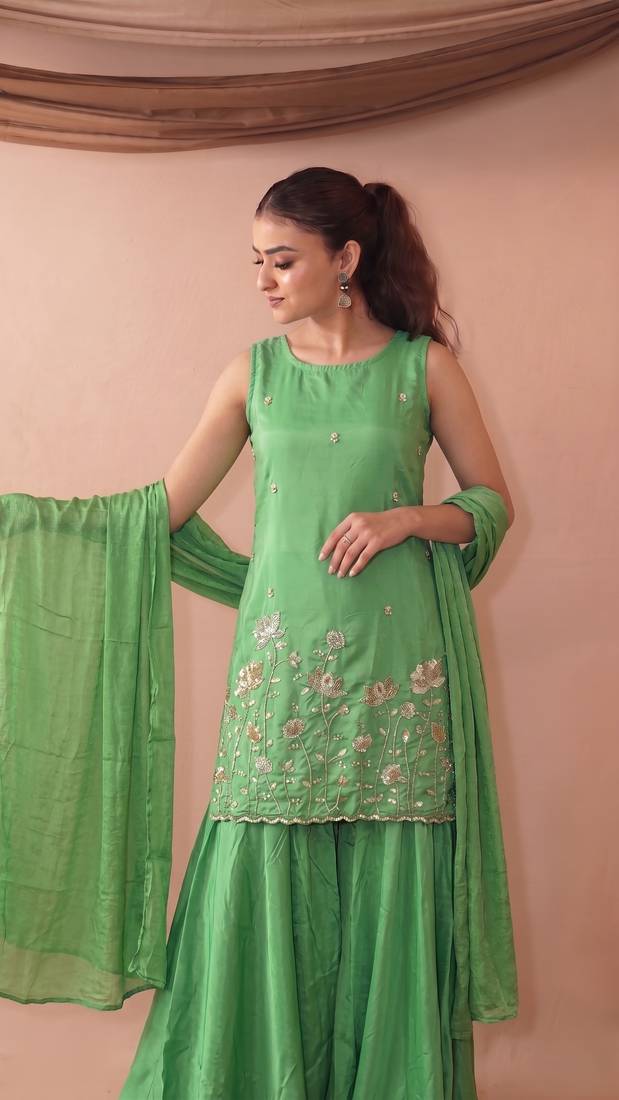 Embroidered French Crepe Straight Kurta Sharara and Dupatta Set