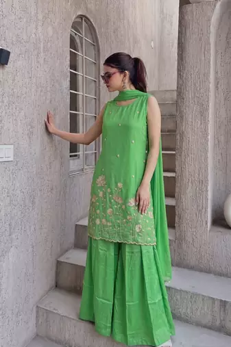 Embroidered French Crepe Straight Kurta Sharara and Dupatta Set