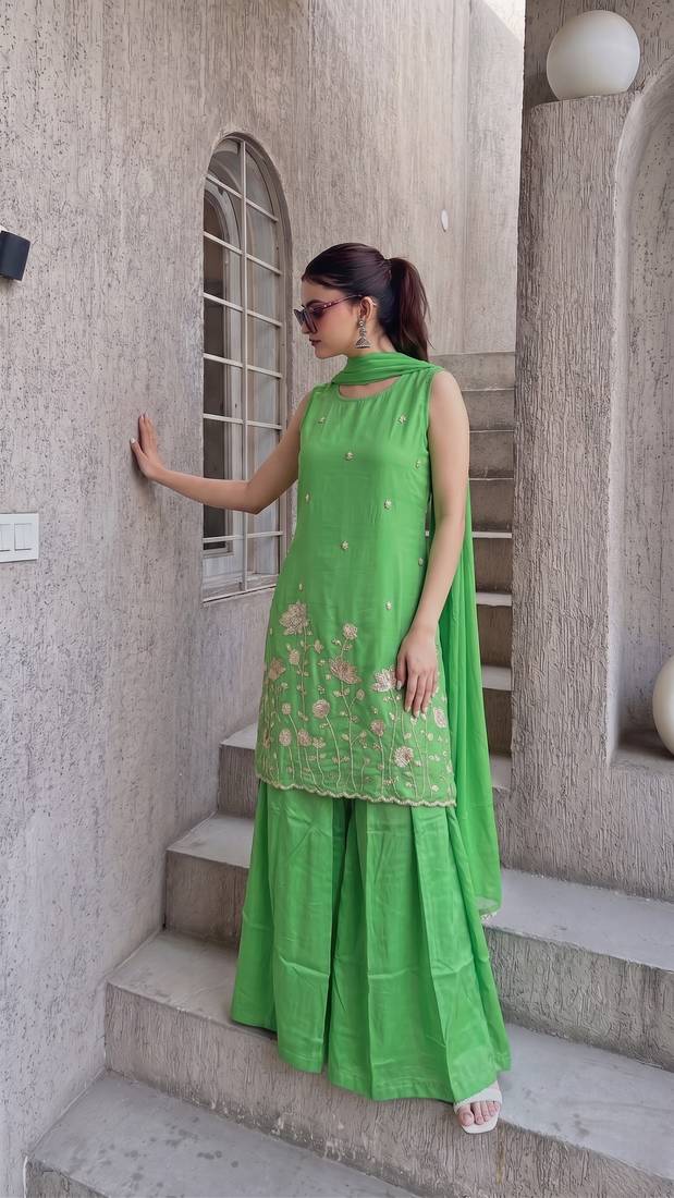 Embroidered French Crepe Straight Kurta Sharara and Dupatta Set