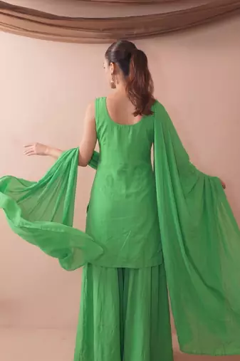 Embroidered French Crepe Straight Kurta Sharara and Dupatta Set