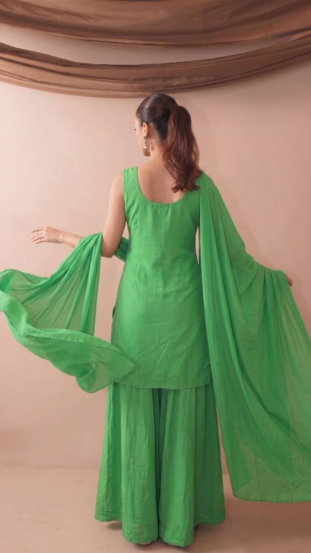 Embroidered French Crepe Straight Kurta Sharara and Dupatta Set