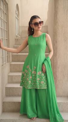 Embroidered French Crepe Straight Kurta Sharara and Dupatta Set 5