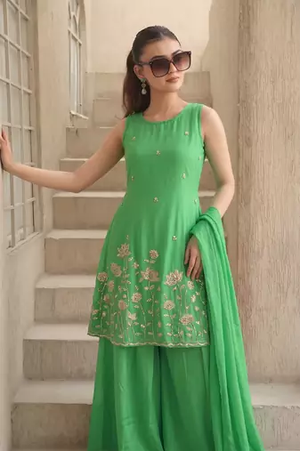 Embroidered French Crepe Straight Kurta Sharara and Dupatta Set
