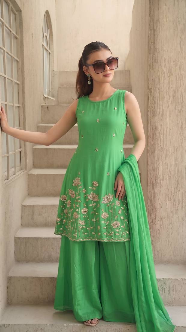 Embroidered French Crepe Straight Kurta Sharara and Dupatta Set