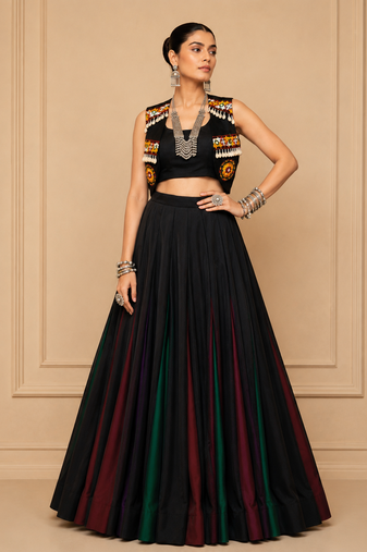 Black Gamthi Work Georgette Lehenga Set with Koti